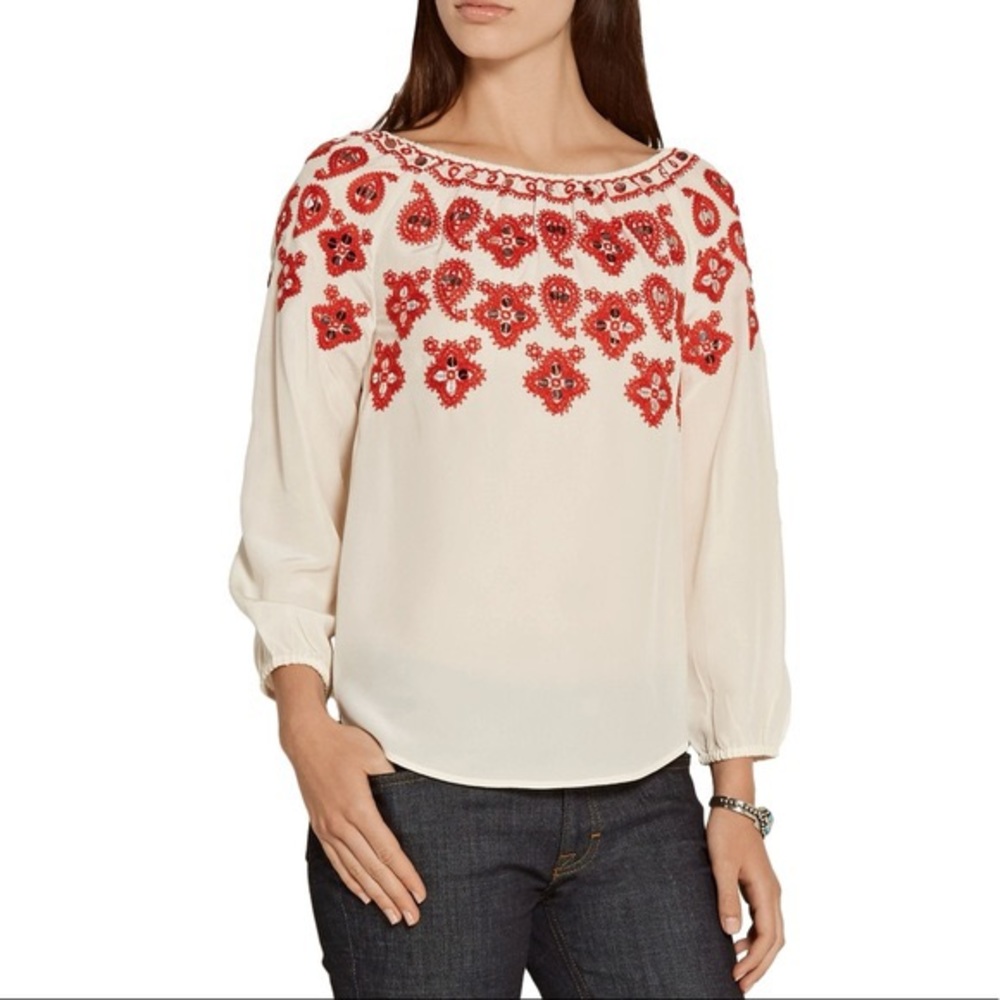 TORY BURCH Leyla Top with Embroidery White and Red sz 2